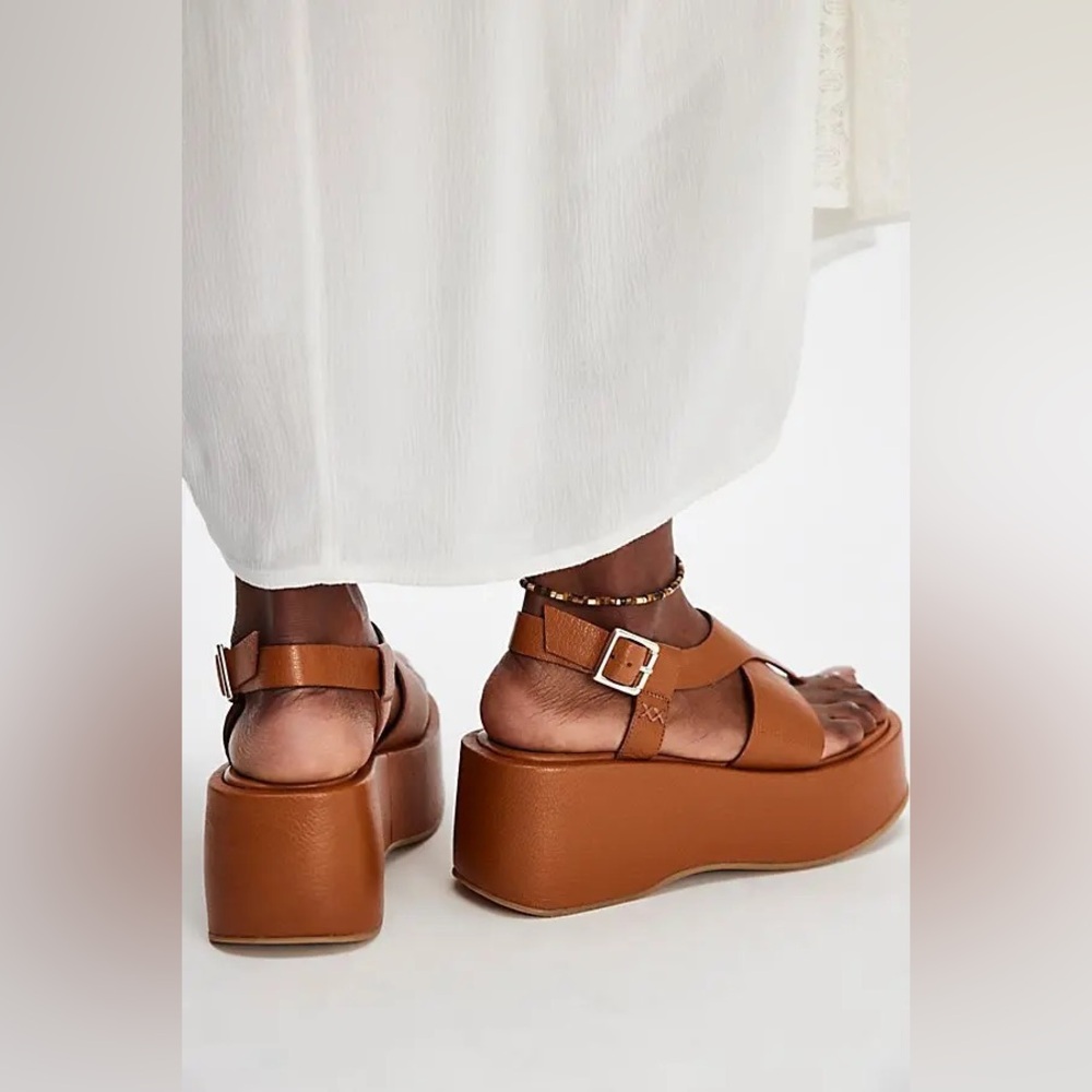 New Free People FP Holt Flatform Platform Cognac Leather Sandals Shoes sz 10